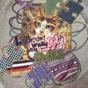 Desigual womens long sleeve  Cat Smile embroidery shirt with puzzle pieces fish